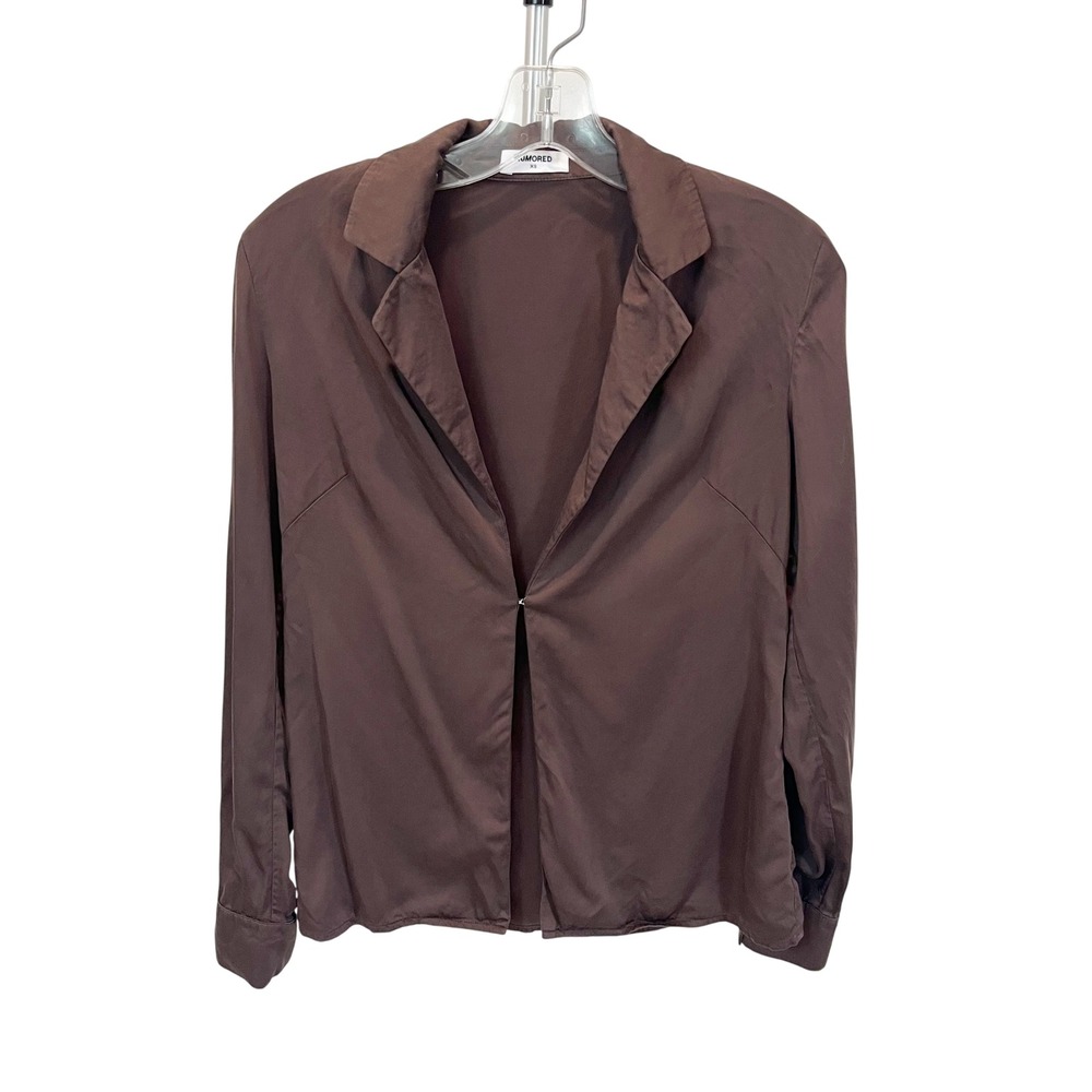 Rumored Chocolate Brown Long Sleeve Hook Eye Blouse Topper Minimalist Chic Sz XS